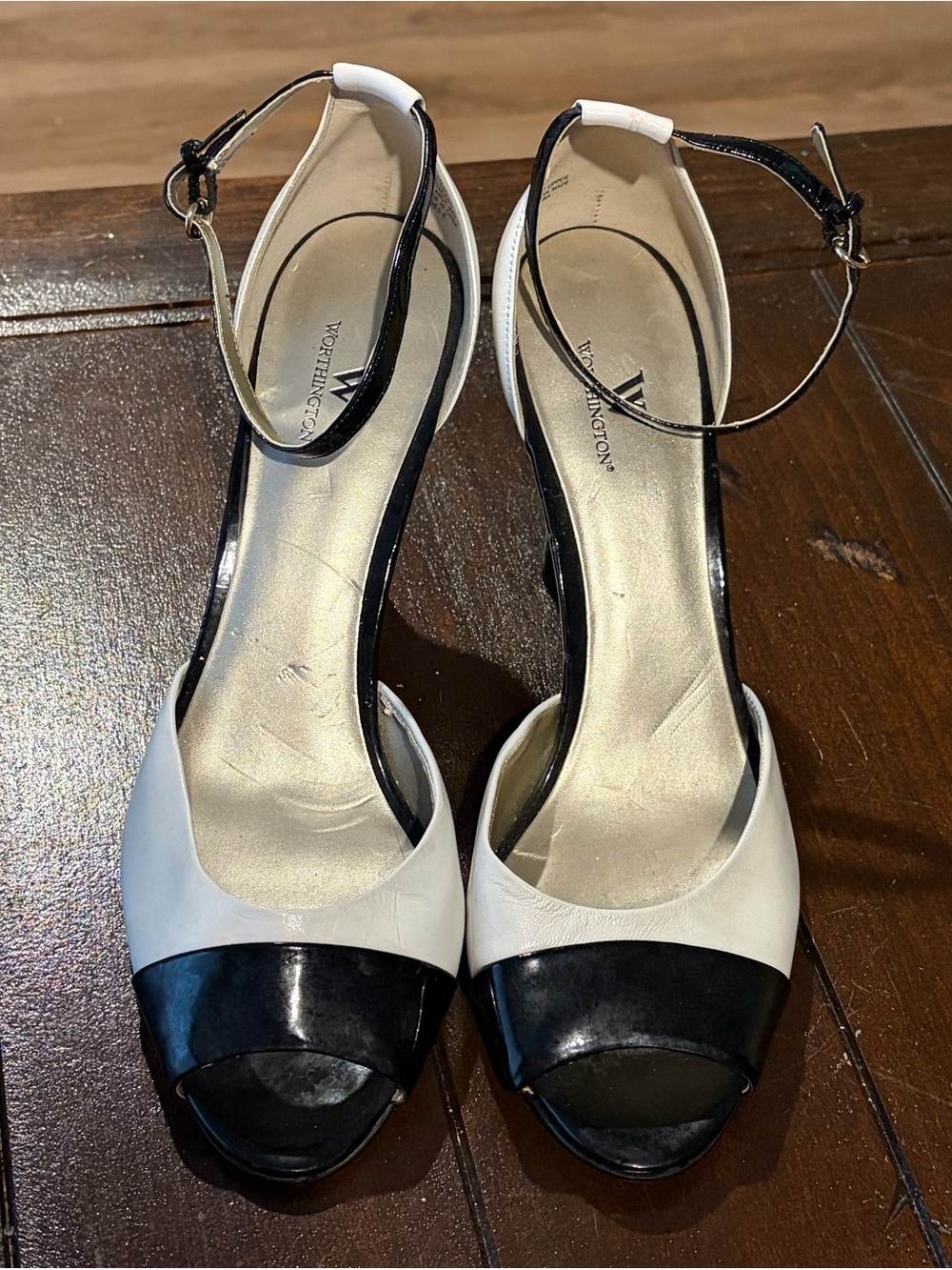NWOT Worthington Black & White Leather Peep Toe Heels Size 11